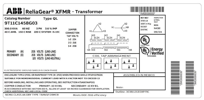 Transformer nameplate details. Image used courtesy of ABB. (Click onimage to enlarge).