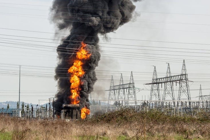 Fire at a high-voltage substation. Image used courtesy of T&D World.