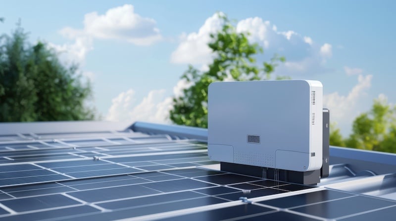 Solar inverter connected to a rooftop solar panel system. Image used
courtesy of Adobe Stock (licensed).