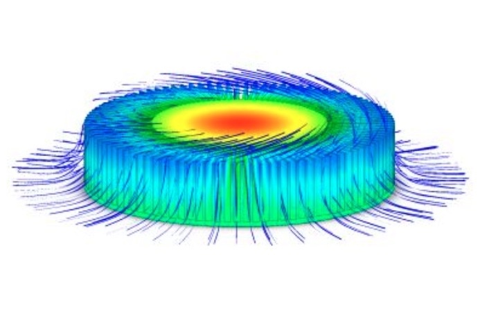 A CFD visualization of a radial heat sink showing how heat isdistributed and how airflow swirls under forced convection. Image used courtesyof Wikimedia.