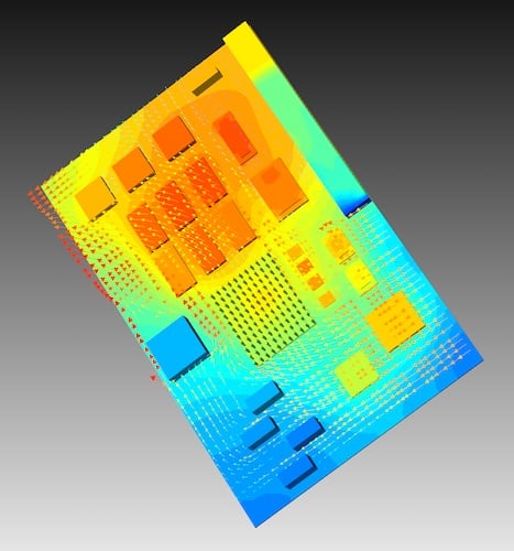 Simulation image of thermal heatmap showing cooling air flow on PCB.Image used courtesy of Wikimedia.