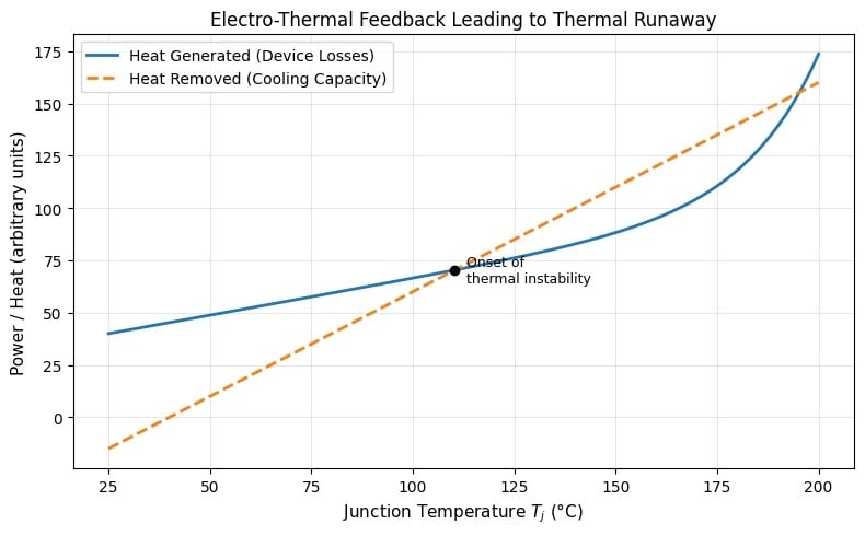 Figure 2. Conceptual electrothermal feedback curve of a power module,showing the onset of thermal runaway. Image used courtesy of the author.