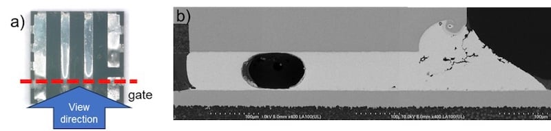 Figure 6. Optical image of EPC2367 showing the cross-section location
and viewing direction. The cut was performed through the gate, the location
where failure is most likely to occur. (b) High magnification SEM imaging at the
gate solder joint shows no through-crack.