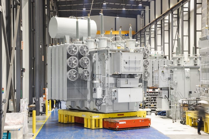 Hitachi Energy's transformer factory in South Boston, VA preparing toship a 100 MW power transformer.