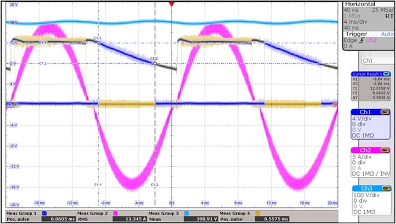 Figure 5 Adding the Capacitor Voltage (CH1: VGSQ1, CH2: IL, CH3: VBUS,CH4: VGSQ2, REF: VCA).