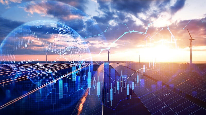 Overlay of data, globe and renewable energy